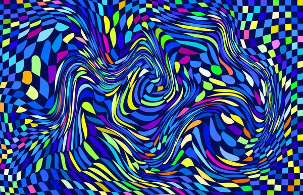 Snedvriden Rutig Bakgrund Trippy Strip Psykedeliskt Mönster Neonfärg Vågigt Tryck — Stock vektor