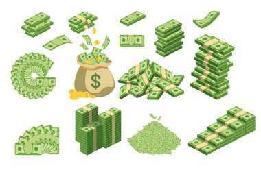 Para dolu çanta. Bozuk paralar ve banknotlar. Bankacılık, finans ve zenginlik simgesi. Vektör illüstrasyonu beyaza izole edildi.