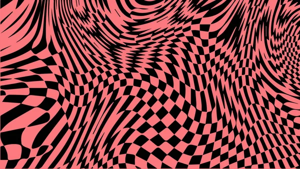 1970年レトロトリッピー波チェック柄 乱暴な幾何学的歪んだチェスの渦グリッド 幻想催眠レトロポスター 光学変形ベクトル背景 レトロカラフルな壁紙 — ストックベクタ