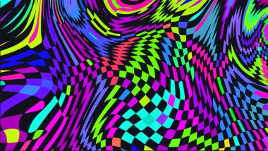 Çarpık ve dağınık arka plan. Trippy strip psychedelic model. Neon rengi dalgalı iz. Harika soyut duvar kâğıdı. Kıvrımlı sıvı doku. Vektör illüstrasyonu.
