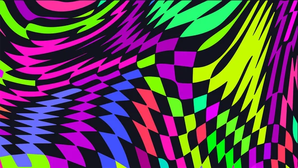 Vervormde Gedraaide Geruite Achtergrond Trippy Strip Psychedelisch Patroon Neon Kleur — Stockvector