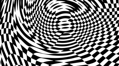 Siyah ve beyaz satranç dalgaları. Kontrol panosu girdap arka planı. Warp optik hipnoz şebekesi. Geometrik vektör çizimi. 70 'lerin tarzı. Harika bir hippi tasarımı..