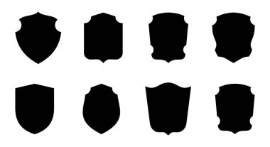 Kalkan simgesi ayarlandı. Mahremiyet amblemi, güvenli ve savunma. Sigorta, garanti logosu. Antivirüs işareti. Eski çerçeve.