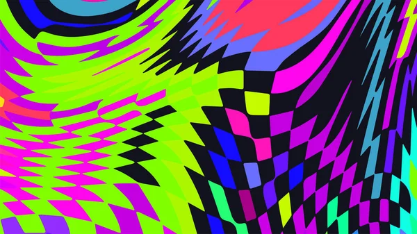 Verzerrter Karierter Hintergrund Trippy Streifen Psychedelischen Muster Wellenförmiger Druck Neonfarbe — Stockvektor