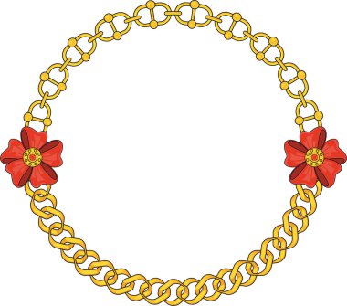 Round Chain frame. Circle chains border. Boho bracelet with pendants, rope, bow. Vintage flat cartoon vector illustration isolated on white background.