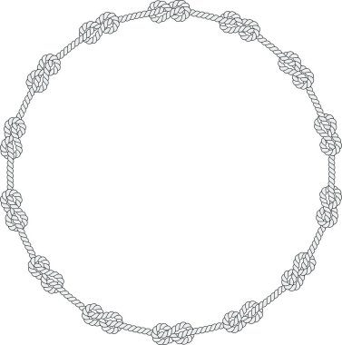 Yuvarlak halat çerçevesi beyaz arkaplanda izole edilmiş. Dekoratif halkalar ve deniz düğümleriyle bükülmüş ip. Örgülü halat dekoru. Klasik düz çizgi film vektör kenarı.