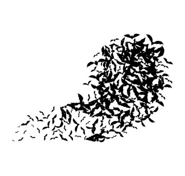 Uçan yarasalar. Cadılar Bayramı tüyler ürpertici. Korkunç, ürkütücü vampir siluetleri. Korkunç bir hayvan sürüsü. Vektör illüstrasyonu beyaz arkaplanda izole edildi.