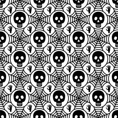 Simetrik örümcek ağı ve kafatası deseni. Modern geometrik cadılar bayramı arkaplanı. Minimum ürkütücü tatil dokusu. Hediye paketi, ev dekorasyonu ve tekstil ürünleri. Sosyal ortam ögesi.