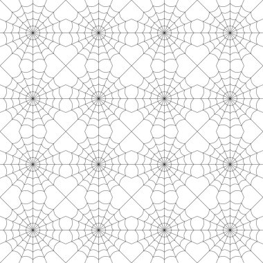 Simetrik örümcek ağı dikişsiz desen. Modern geometrik cadılar bayramı arkaplanı. Minimum ürkütücü tatil dokusu. Hediye paketi, ev dekorasyonu ve tekstil ürünleri. Sosyal ortam ögesi.