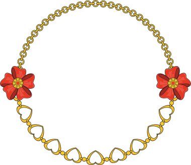 Round Chain frame. Circle chains border. Boho bracelet with pendants, rope, bow. Vintage flat cartoon vector illustration isolated on white background.