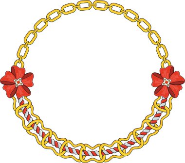 Round Chain frame. Circle chains border. Boho bracelet with pendants, rope, bow. Vintage flat cartoon vector illustration isolated on white background.