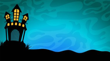 Kasvetli, uğursuz Cadılar Bayramı manzarası. Ürkütücü kale, ölü ağaçlar, dolunay. Cadılar Bayramı parti kartı şablonu.