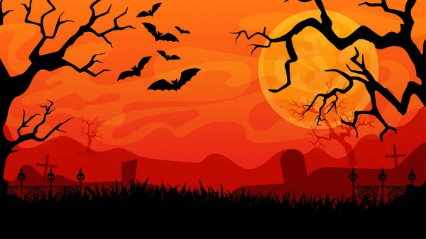 Kasvetli Uğursuz Cadılar Bayramı Manzarası Kızıl Günbatımı Yarasa Sürüsü Büyük — Stok Vektör