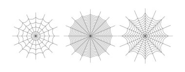 Simetrik örümcek ağı simgeleri ayarlandı. Geometrik cadılar bayramı rozeti. Asgari ürkütücü etiket. Hediye paketi, ev dekorasyonu ve tekstil ürünleri. Sosyal ortam ögesi.