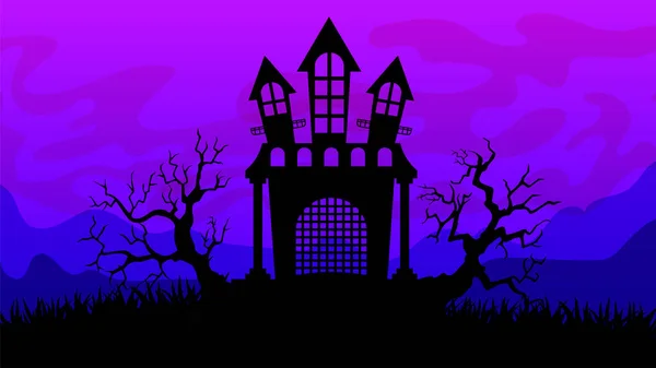 Düstere Ominöse Halloween Landschaft Gespenstische Burg Abgestorbene Bäume Vollmond Kartenvorlage — Stockvektor