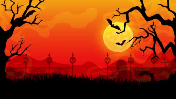 Przygnębiający Złowieszczy Animowany Krajobraz Halloween Szkarłatny Zachód Słońca Stado Nietoperzy — Wideo stockowe