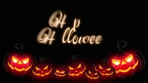 Feliz Halloween Cartão Animado Fila Abóboras Brilhantes Assustadoras Fundo Preto — Vídeo de Stock