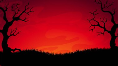 Kasvetli, uğursuz Cadılar Bayramı manzarası. Kızıl günbatımı. Yarasa sürüsü, büyük kanlı ay, mezarlıktaki mezarlar. Zombi eli, kuru eğri ağaçlar. Kart şablonu, davetiyeler, Cadılar Bayramı partisi için el ilanları.