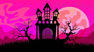 Kasvetli, uğursuz Cadılar Bayramı manzarası. Ürkütücü kale, ölü ağaçlar, dolunay. Cadılar Bayramı parti kartı şablonu.