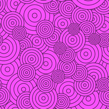 Boğa gözü kusursuz desen. Değişik boyutlarda kaotik eşmerkezli çemberlerin süsü. Soyut Çakışan Çember Deseni. Vektör illüstrasyonu.