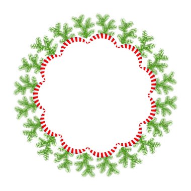 Noel çiçekli çelenk çerçevesi. Spruce Evergreen şubesi, poinsettia ve Holly berry. Tebrik kartları, posterler ve şablonlar için kış tatili süsü. Düz çizgi film vektör simgesi.