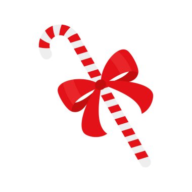 Kırmızı kurdeleli Noel şekeri. Kapı çelengi dekorasyonu için tasarım elemanı. Tebrik kartları için bayram ikonu. Düz vektör çubuk çizimi beyaza izole edildi.