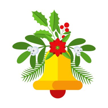 Noel çanları, ağaç dalları, çiçekler ve böğürtlenlerle süslenmiş bir çelenk. Kapı çelengi tasarım elementi. Tebrik kartları, posterler ve şablonlar için kış tatili süsü. Düz çizgi film vektör simgesi.