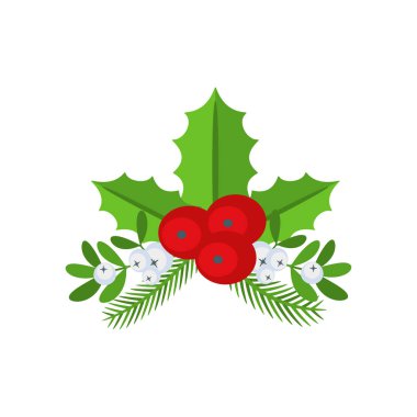 Noel çiçekli sınırı. Spruce Evergreen şubesi, poinsettia ve Holly berry. Tebrik kartları, posterler ve şablonlar için kış tatili süsü. Düz çizgi film vektör etiketi.