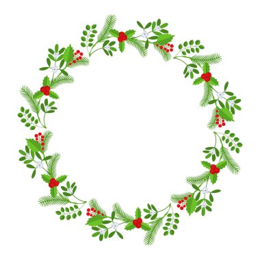 Noel çiçekli çelenk çerçevesi. Spruce Evergreen şubesi, poinsettia ve Holly berry. Tebrik kartları, posterler ve şablonlar için kış tatili süsü. Düz çizgi film vektör simgesi.