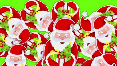 2d Noel ve Yeni Yıl geçiş videosu. Noel Baba ve Hediye. Yeşil krom anahtarda parlak, neşeli ikonlar. Kış tatili hareketli. Animasyon açığa vuruyor. Düz çizgi film biçimi.