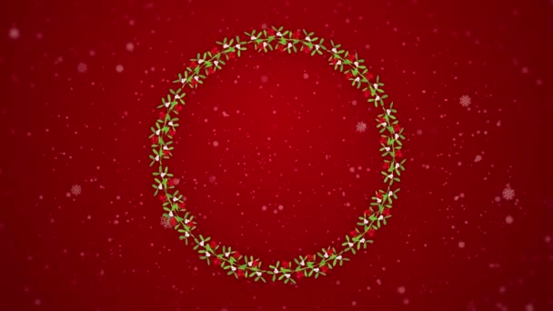 Рождественский Венок Animation Круглая Цветочная Рамка Украшениями Конфетками Колокольчиками Красные — стоковое видео