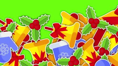 2d Noel ve Yeni Yıl geçiş videosu. Bell, Eldiven ve Holly Berry. Yeşil krom anahtarda parlak, neşeli ikonlar. Kış tatili hareketli. Animasyon açığa vuruyor. Düz çizgi film biçimi.