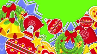 2d Noel ve Yeni Yıl geçiş videosu. Çan, kar tanesi ve çelenk. Yeşil krom anahtarda parlak, neşeli ikonlar. Kış tatili hareketli. Animasyon açığa vuruyor. Düz çizgi film biçimi.