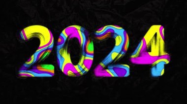 2024 animasyon Yeni Yıl kartı. Renkli kağıt soyut animasyonu keser. Üç boyutlu kağıt el işi dalgaları. 2B düz çizgi film hareketleri grafikleri.