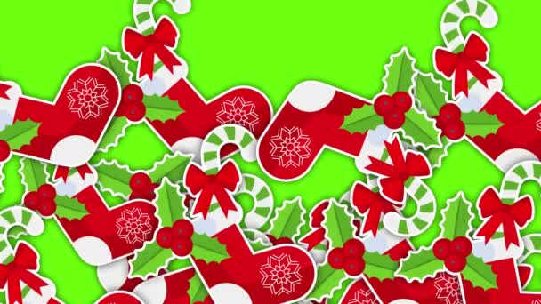 2D圣诞节和新年过渡视频 红色圣诞老人靴子与礼物 绿色铬钥匙上明亮而快乐的图标 寒假活动图解 动画揭示隐藏 平面卡通风格 — 图库视频影像