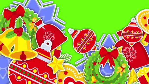 2D圣诞节和新年过渡视频 雪花和花环绿色铬钥匙上明亮而快乐的图标 寒假活动图解 动画揭示隐藏 平面卡通风格 — 图库视频影像