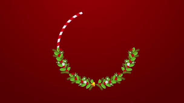 Рождественский Венок Animation Круглая Цветочная Рамка Украшениями Конфетками Колокольчиками Красные — стоковое видео