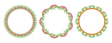 Noel çiçekli çelenk seti. Spruce Evergreen şubesi, poinsettia ve Holly berry. Tebrik kartları, posterler ve şablonlar için kış tatili süsü. Düz çizgi film vektör simgesi.