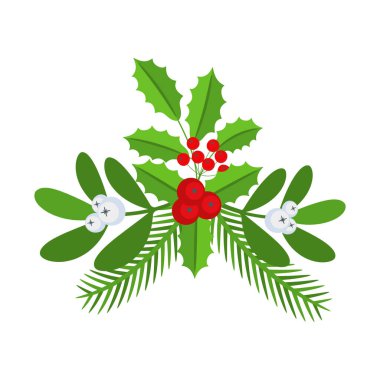 Noel çiçekli sınırı. Spruce Evergreen şubesi, poinsettia ve Holly berry. Tebrik kartları, posterler ve şablonlar için kış tatili süsü. Düz çizgi film vektör etiketi.