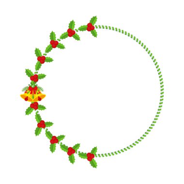 Noel çelengi. Süslemeleri, şekerlemeleri ve çanları olan yuvarlak bir çiçek çerçevesi. Kırmızı kurdeleler, hediye kutuları ve şeritli kurdeleler. Geleneksel kış çelengi. Düz vektör illüstrasyonu.