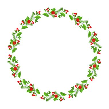 Noel çiçekli çelenk çerçevesi. Spruce Evergreen şubesi, poinsettia ve Holly berry. Tebrik kartları, posterler ve şablonlar için kış tatili süsü. Düz çizgi film vektör simgesi.