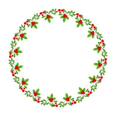 Noel çiçekli çelenk çerçevesi. Spruce Evergreen şubesi, poinsettia ve Holly berry. Tebrik kartları, posterler ve şablonlar için kış tatili süsü. Düz çizgi film vektör simgesi.