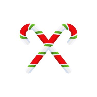 Noel Şeker Çubuğu. Kapı çelengi dekorasyonu için tasarım elemanı. Tebrik kartları için bayram ikonu. Düz vektör çubuk çizimi beyaza izole edildi.
