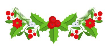 Noel çiçekli sınırı. Spruce Evergreen şubesi, poinsettia ve Holly berry. Tebrik kartları, posterler ve şablonlar için kış tatili süsü. Düz çizgi film vektör simgesi.