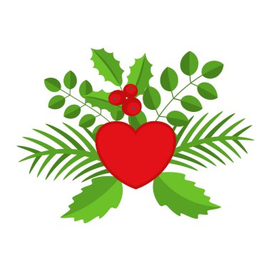 Noel çelengi tasarımı. Spruce Evergreen şubesi, kalp ve çoban üzümü. Kırmızı kurdeleler, hediye kutuları ve kalp. Tebrik kartları için kış tatili süsü. Düz çizgi film vektör simgesi.
