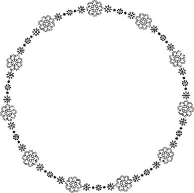 Kar tanesi dairesi çerçevesi. Sınırda kar taneleri var. Noel ve Yeni Yıl tebrik kartları ve afişler için tasarım malzemeleri. Beyaz arkaplanda tatil dekorasyonu izole edildi.