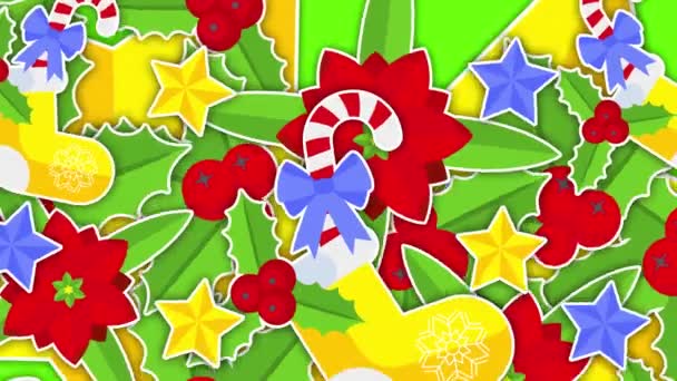 2Dクリスマスと新年の移行 サンタクロースのブーツ ベルとホリーベリー 緑色の染色体の明るい陽気なアイコン 冬休みモーショングラフィック アニメ化された隠蔽 フラット漫画スタイル — ストック動画