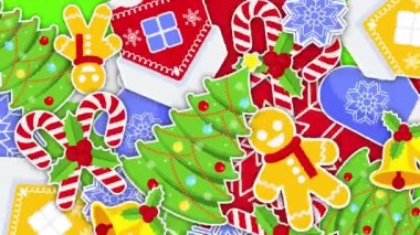 2d Noel ve Yeni Yıl Geçişi. Çan, zencefilli çörek, şeker kamışı ve köknar. Yeşil krom anahtarda parlak, neşeli ikonlar. Kış tatili hareketli. Animasyon açığa vuruyor. Düz çizgi film biçimi.