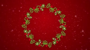 Noel çelengi 2D animasyon. Süslemeleri, şekerlemeleri ve çanları olan yuvarlak bir çiçek çerçevesi. Kırmızı kurdeleler, hediye kutuları ve şeritli kurdeleler. Geleneksel kış çelengi. Düz çizgi film biçimi.