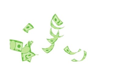 Uçan dolarların animasyonu. Kağıt para rüzgarda dönüyor. Dolarlar beyaz arkaplana düşüyor